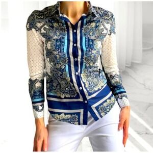 Zara Blue White Paisley Medallion Button Down Blouse Size S
